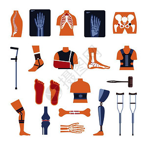 整形医学和治疗病媒图标单独一组形连接X射线手骨折或创伤绷带假肢或脊椎矫正器和用于整形外科的拐杖背景图片