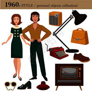 轻年男性1960年男女服装和个人物品收集的时装风格插画