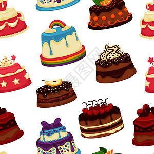 巧克力樱桃慕斯甜点和无缝模式矢量有装饰品彩虹和奶油水果切片和浆草莓梨子的烤食品慕丝和托普装饰的面包巧克力甜点和插画