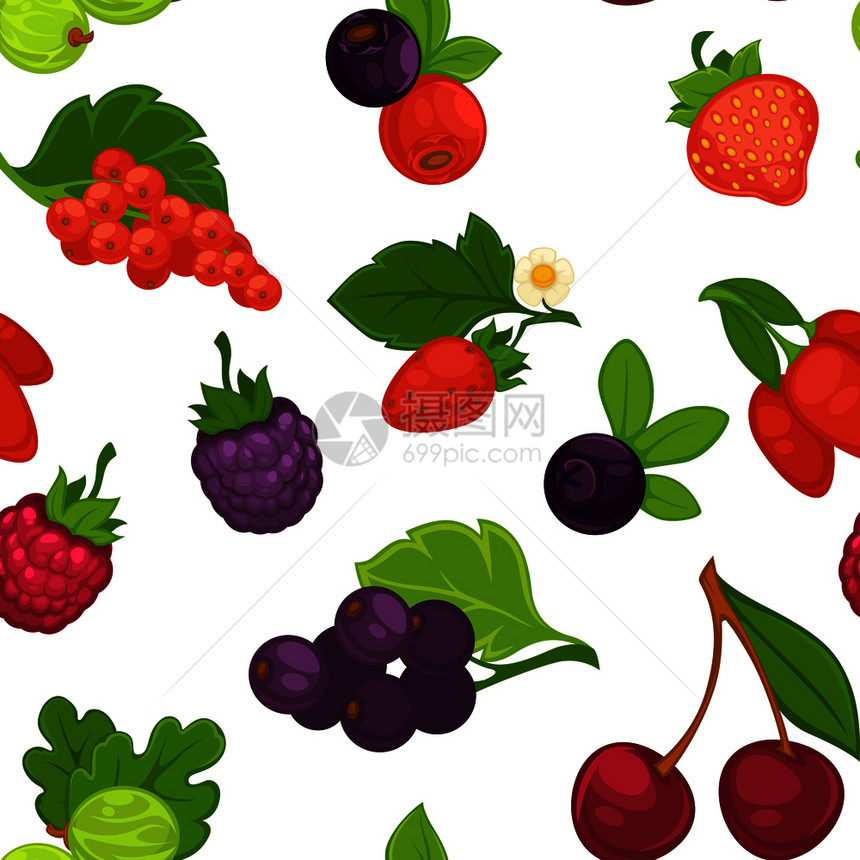 果子莓草和无缝模式矢量樱桃包括叶子黑莓和蓝鹅红有机产品和食用水果莓草和无缝模式矢量图片