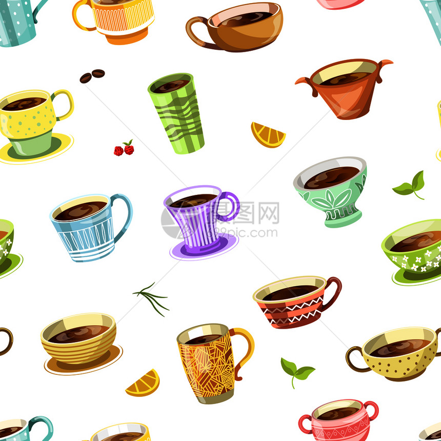 彩色咖啡杯无缝图案矢量设计背景图片