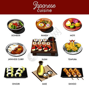 蒸酿豆腐日本菜传统拉面和条寿司卷汤和伏特加饮料日本传统餐厅菜单矢量图标日本传统餐盘插画