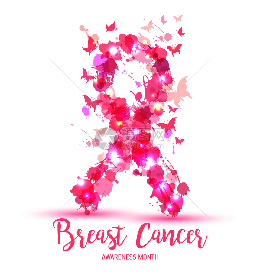 乳腺癌认识概念说明粉色丝带符号水彩斑点矢量手绘图图片