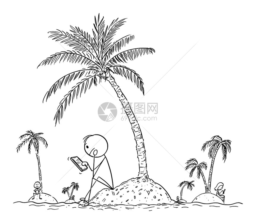 矢量卡通棒图绘制孤独的人自坐在小岛屿上的概念图使用在线移动电话或手机利用社交网络与虚拟朋友聊天孤独一个人坐在小岛屿上的孤独者矢量图片