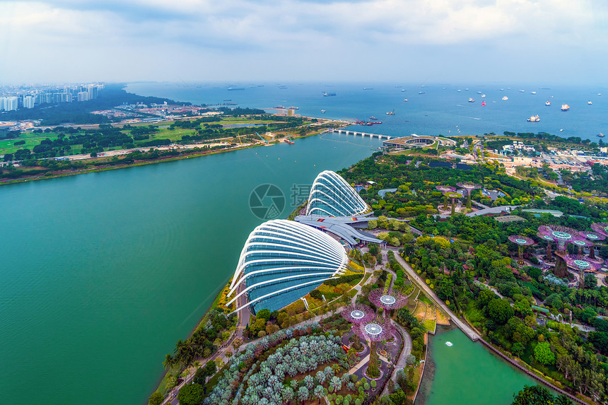 中午12点在新加坡市下城的MarinaBay区海湾旁的花园中风景背图片
