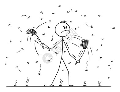仰拍商业矢量卡通棍图描绘两个手中都有飞毛腿扇或拍的人商杀死苍蝇蚊虫或只飞来去的昆虫插画