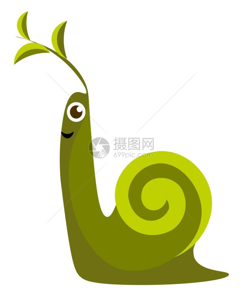 一只绿色的小可爱蜗牛头矢量彩色绘画或插图上有叶子的绿色小可爱蜗牛图片