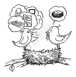 鸟巢中的钱币矢量漫画绘制几只鸟坐在巢中的概念插图雌鸟对家庭不满意要求更多的财产无休止不满概念插画
