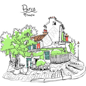法国街法国巴黎Montmartre山上老房子的VictorSicenticparisain街法国蒙马特尔山典型巴黎房子法国插画