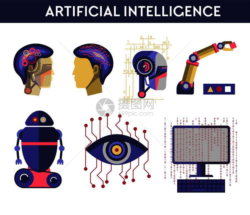 人工智能矢量说明机器人类心智未来的计算机数字脑科学和创新技术机器dna符号眼部微芯片处理器半机人手和头部工智能矢量说明机器人类心图片