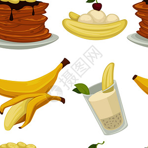 越莓干甜点类型香蕉加皮和面包机无缝模式矢量蛋糕和巧克力托普煎饼和碗加麦片甜面包烤食品加樱桃白莓孤立餐甜品类型香蕉加皮和面包机无缝模式矢插画