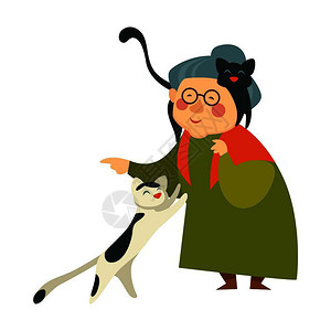 养猫的老女人照顾宠物媒介的老人插画