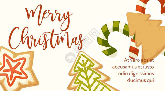 翻糖饼干圣诞快乐海报上面有饼干和糖果的文本样和符号以及冬季节假日庆典甜点棒糖和以松树星为形式的烤饭圣诞快乐海报上面有文本样和符号插画