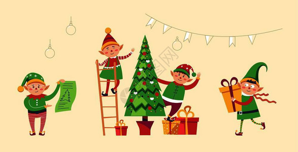 站在梯子上的男孩精灵为冬季节日矢量准备圣诞松树长青Gnome穿着服装站在长梯上装饰有子的葡萄园下面礼物和品盒被装饰为符号Elves准备圣诞松树长插画