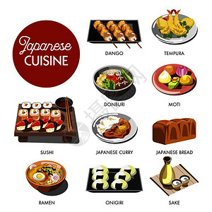蒸酿豆腐日本菜传统拉面和条寿司卷汤和伏特加饮料日本传统餐厅菜单矢量图标日本传统餐盘插画