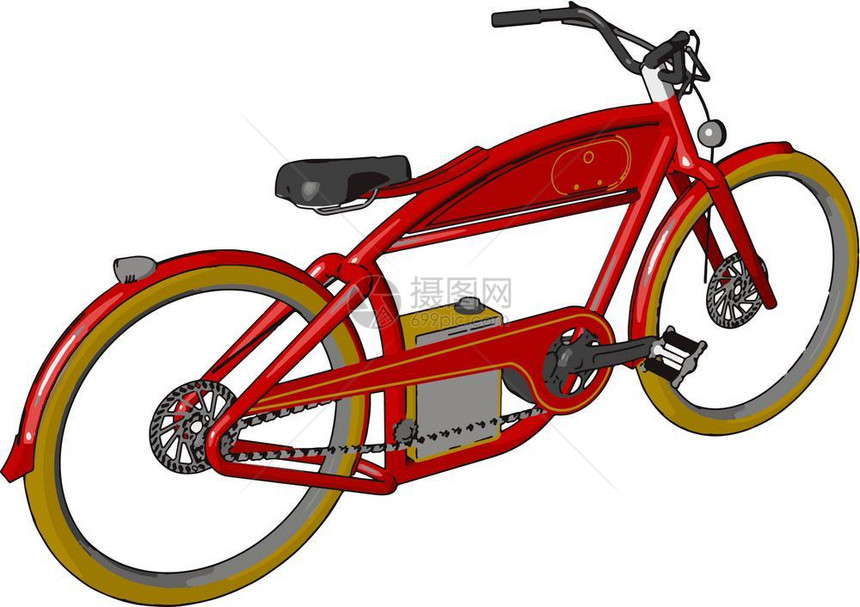 自行车或是小型载人的机动陆上车辆配有座椅2轮双踏板和金属链矢量彩色图画或插图片