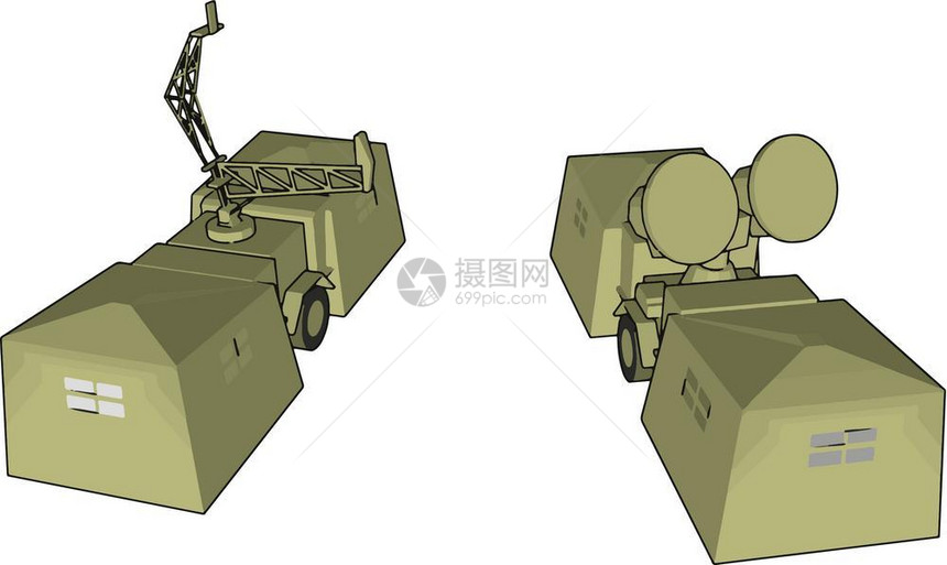 这是一种军用车辆装载式雷达用于不同种类的机密工作矢量颜色图或插图片