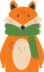 褐狐狸穿着绿色围巾矢量彩绘画或插图图片