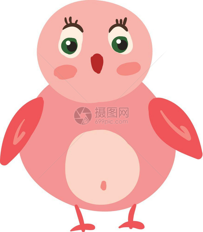 一只有红嘴的可爱小粉鸟惊讶地看到脸矢量彩色图画或插图片