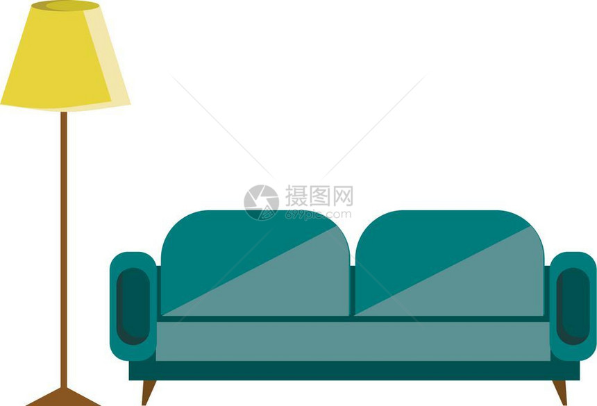 绿色沙发和黄色落地灯图片