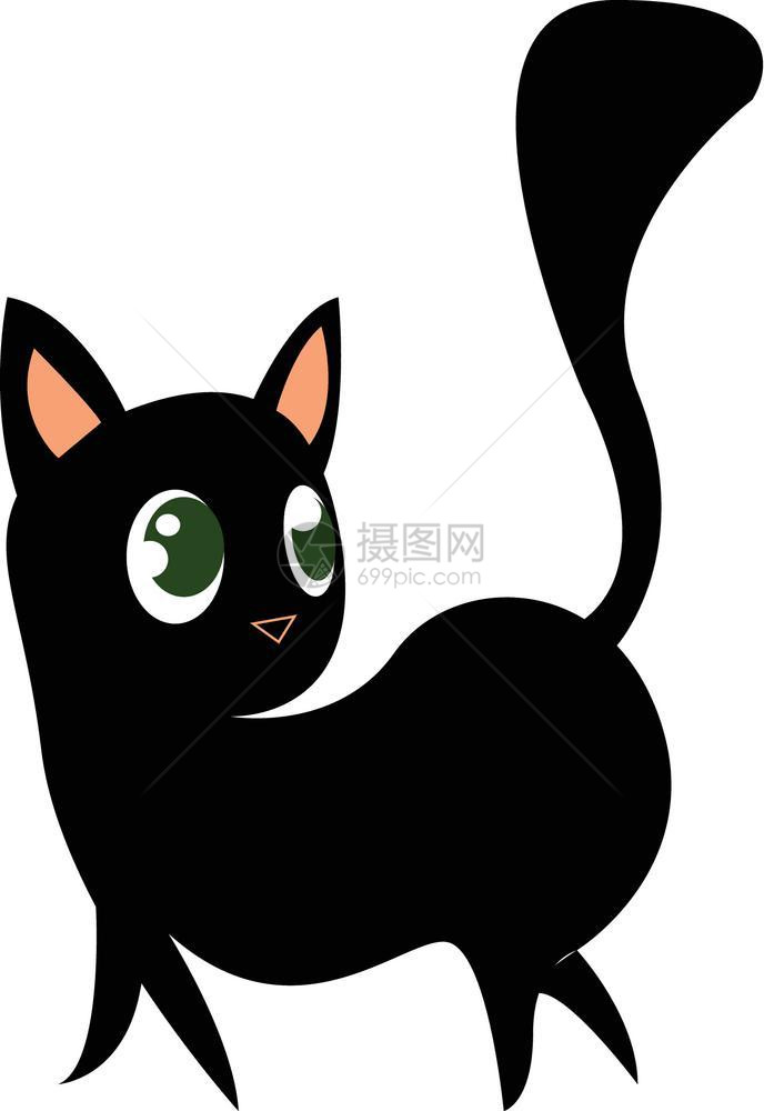 一只黑小猫圆眼和长尾巴的黑小猫正在寻找某种矢量颜色图画或插图片