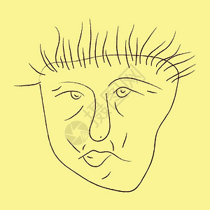 在黄色纸质矢量彩绘画或插图上涂有尖毛的男子脸笔画图片