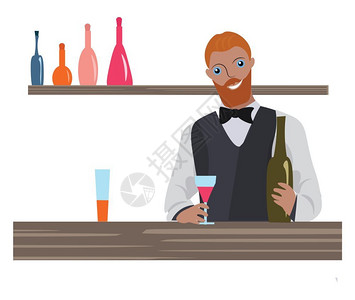 酒保手上拿着一瓶葡萄酒准备服务于矢量彩色画或插图图片