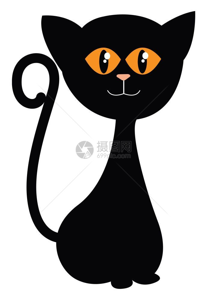 一只黑色的小猫长尾巴和橙眼矢量彩色绘画或插图图片
