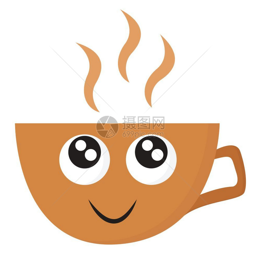 一个橙色的可爱小咖啡杯里面有热咖啡向量彩色图画或插图片