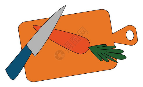 一个木板上面有新鲜的胡萝卜用一把大刀来切割矢量彩色画或插图图片