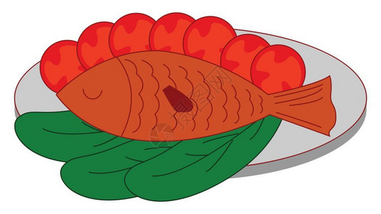 一盘油炸鱼蔬菜看起来美味矢量彩色画或插图背景图片