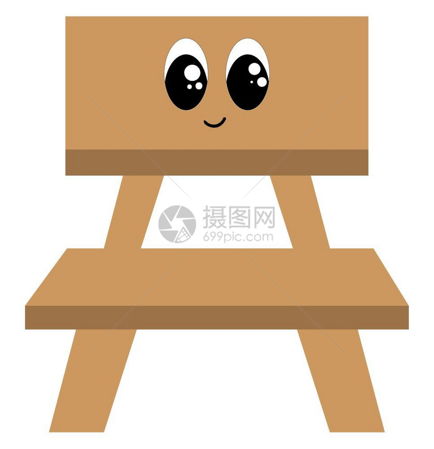 棕色木椅的食道座位舒适一个人坐背部支撑四条腿和脸在背部眼睛转左的是微笑向量彩色画或插图图片