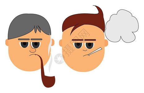 拒吸第一支烟两名卡通男子的脸部线条其中一人口装有雪茄管另一人口中装有烟芽吸病媒彩色绘画或插图插画