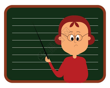 红顶封闭的教师戴一副眼镜站在黑板前双眼翻转持有长的黑棍矢量彩色图画或插图片