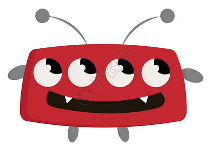 一个快乐的四眼红怪兽有两个尖锐的牙齿矢量彩色画或插图插画