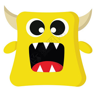 一个快乐的黄色怪物带着角和尖牙向量彩色画或插图图片