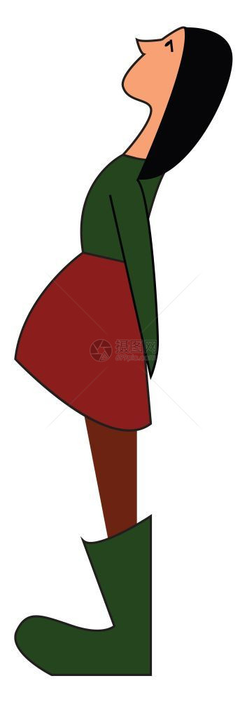 一个穿绿衬衫的小女孩穿红裙子绿鞋向量彩色画或插图图片