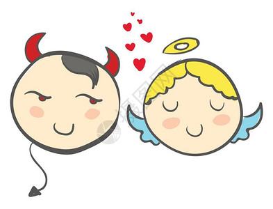 宝贝天使魔鬼和天使的漫画红心在中间矢量彩色画或插图之间插画