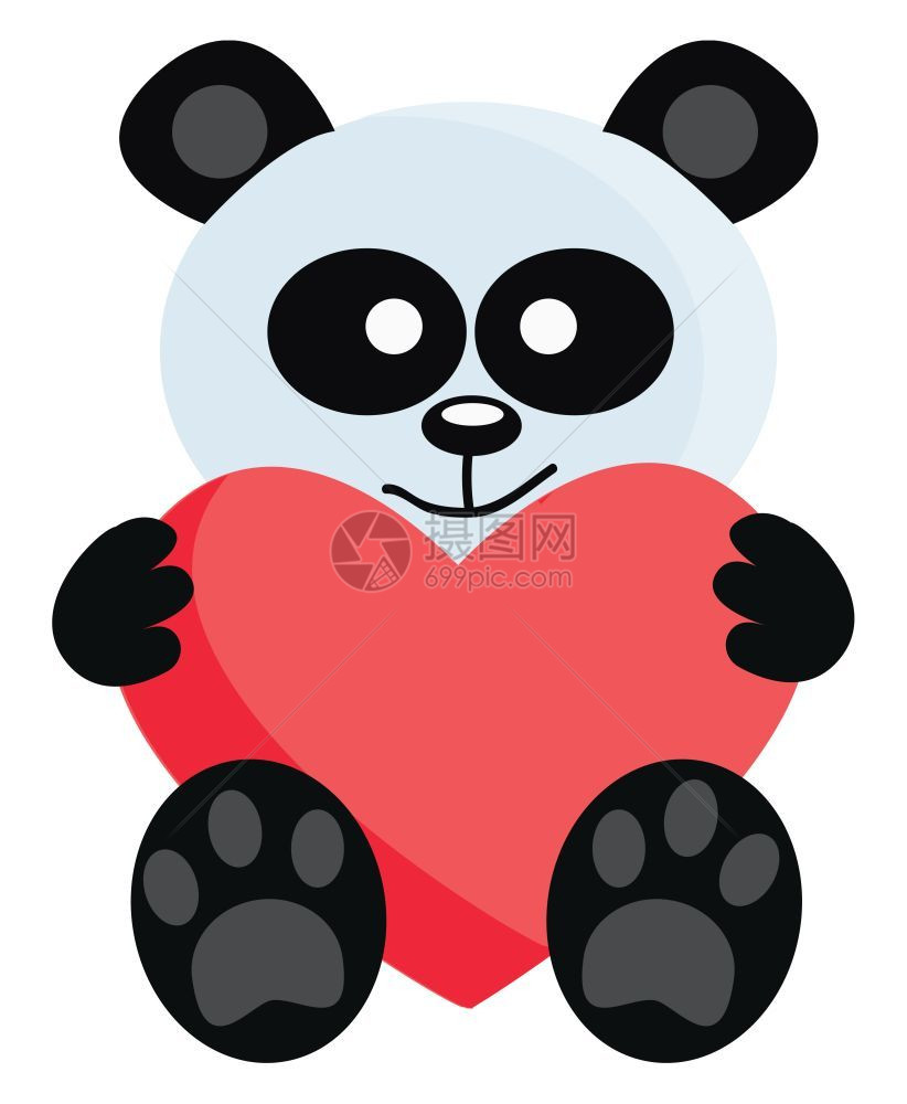 一只熊猫的卡通拿着大红心矢量彩色画或插图图片