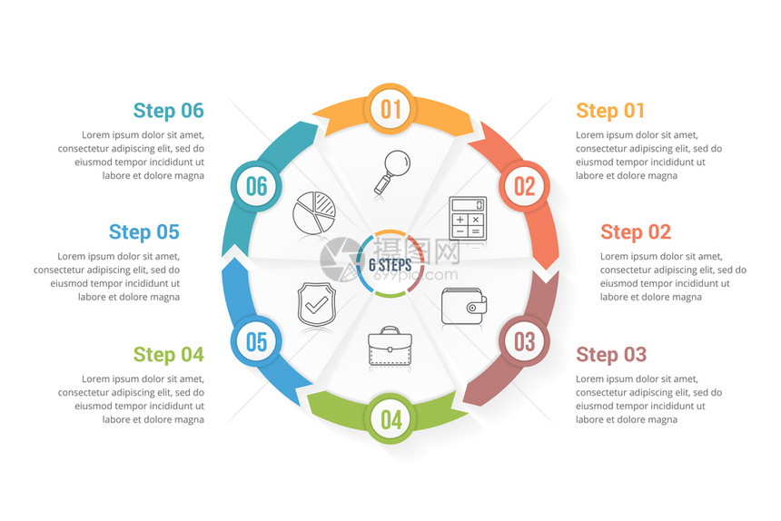 圆形箭头包含六个元素步骤或选项工作流程或进图矢量eps10插图的模板带有六个元素的圆形箭头图片