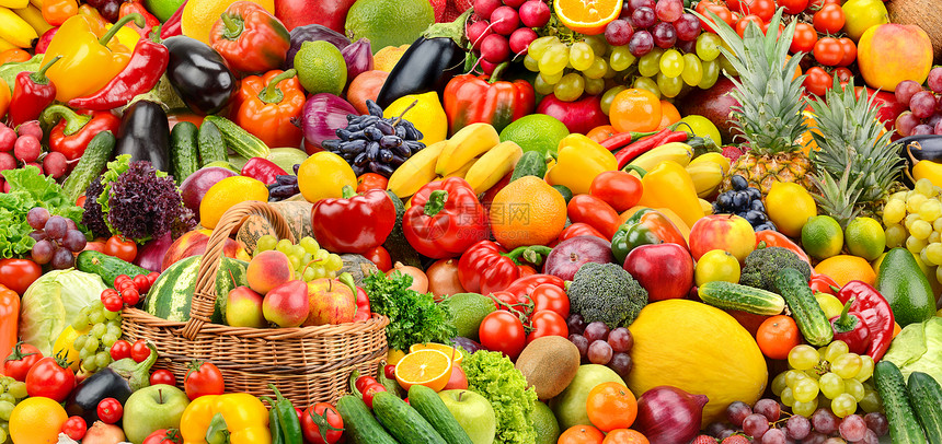 各种新鲜的成熟水果和蔬菜食品概念背景顶级视野图片