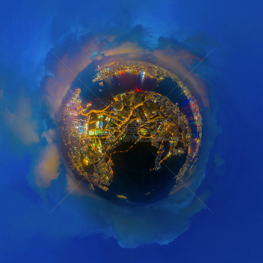 小行星360度环球鸟类眼观香港市中心空观光全景金融区和科技智能城市商业中心夜间摩天大楼和建筑物图片