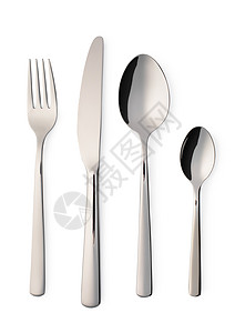 银匙和叉子餐具套装有叉子刀和勺白色背景隔离在上背景