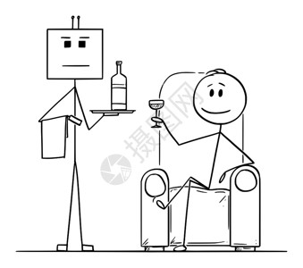 机器人管家矢量卡通插图绘制富人坐在扶手椅或子上的概念图解用玻璃和机器人作为仆或侍者站在旁边把瓶子放在托盘上矢量卡通插图说明富人坐在扶手椅上插画