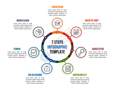包含七个元素步骤或选项工作流程或图矢量eps10插图的圆形信息模板图片