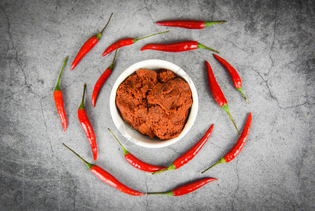 在泰国的咖喱糊和红辣椒背景食料表图片
