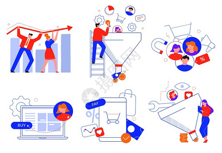 漏斗销售吸引客户营销领先买方客户获取和转换矢量插图插画