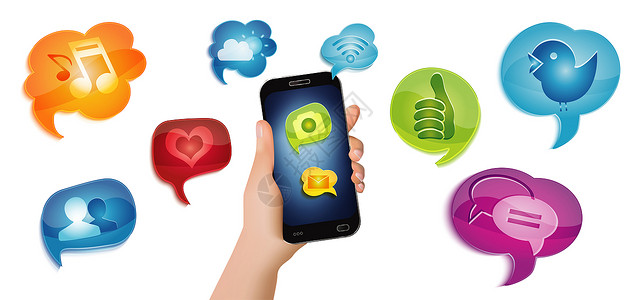 家居app界面概念社交媒体孤立应用程序图标App符号数字界面全球网络社区共享信息多媒体演讲泡沫与移动电话手背景