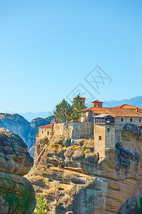 早上在岩石顶端的瓦拉姆圣修道院希腊的梅托拉风景复制的混为一谈图片