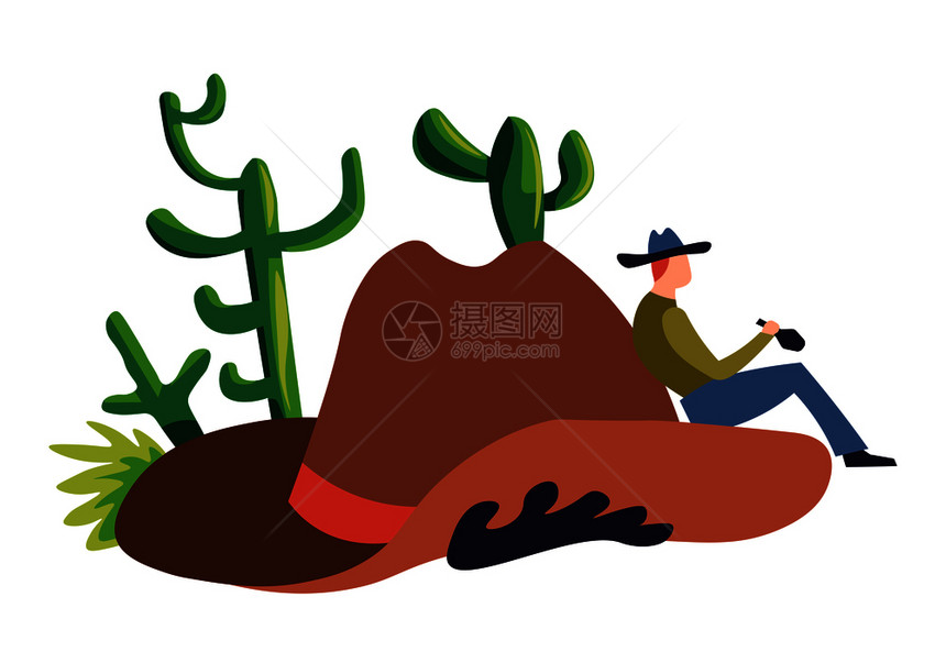 牛仔帽和仙人掌野生西部或孤立的图标巨型海滨和沙漠植物上面钉着男人饮酒精美国文化以及历史附属和绿化德州符号矢量图片